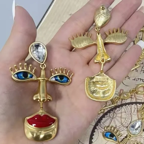 Vintage Surrealism Gold Blue Eyes Earrings - Picture 8 of 11